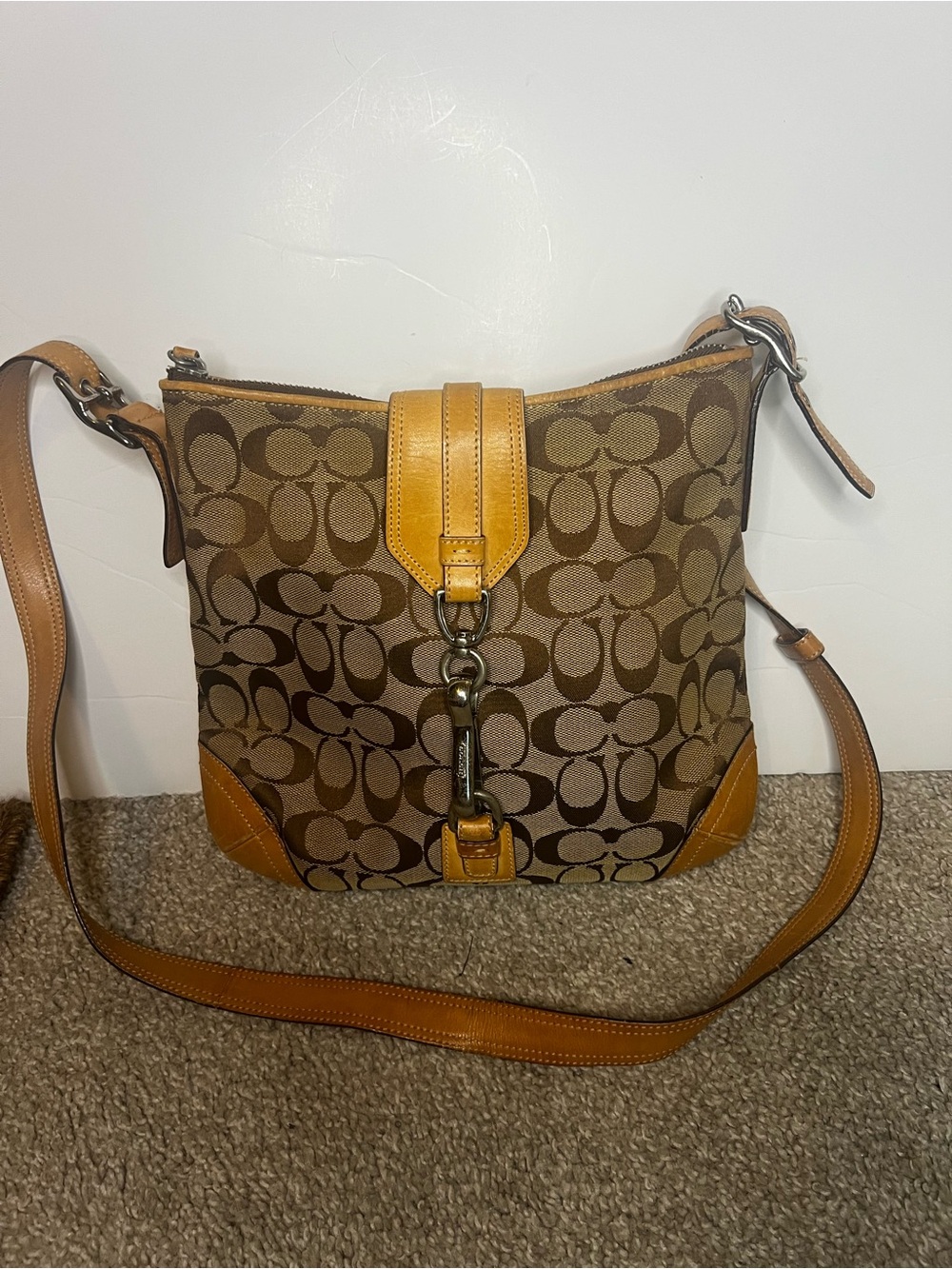 Coach Brown Signature Canvas Crossbody with Tan Leather Accents